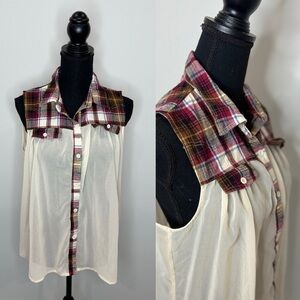 Chocolate Sheer Beige Sleeveless Plaid Button Up (L)